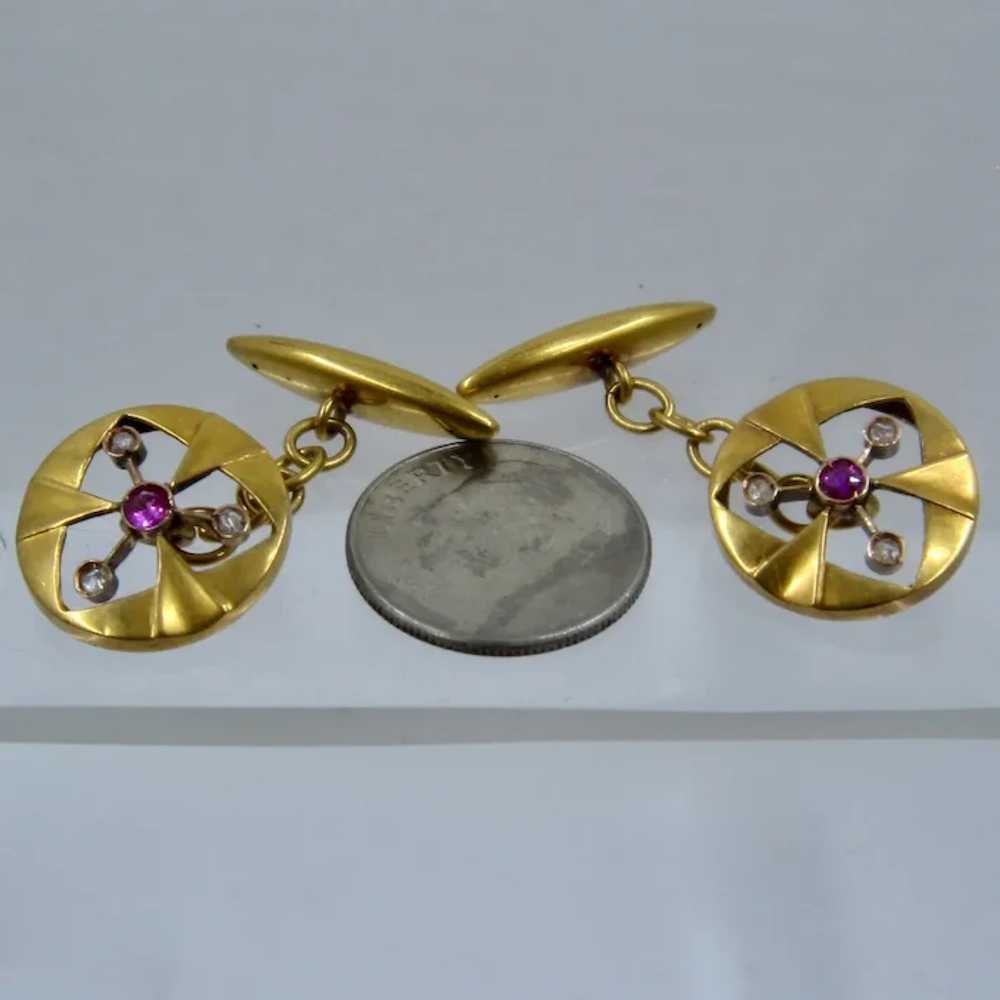 Edwardian 14K Ruby & Rose Cut Diamond Cuff Links - image 6