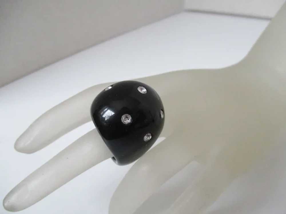 Black Lucite Clear Rhinestone Domed Ring Vintage - image 3