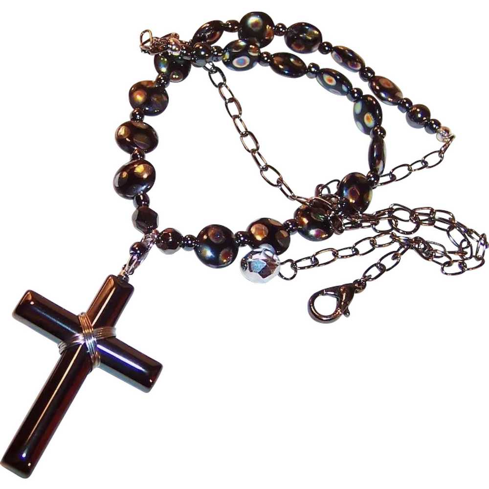 Hematite Cross and Czech Glass Unfailing Love Nec… - image 1