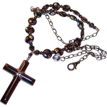 Hematite Cross and Czech Glass Unfailing Love Nec… - image 1