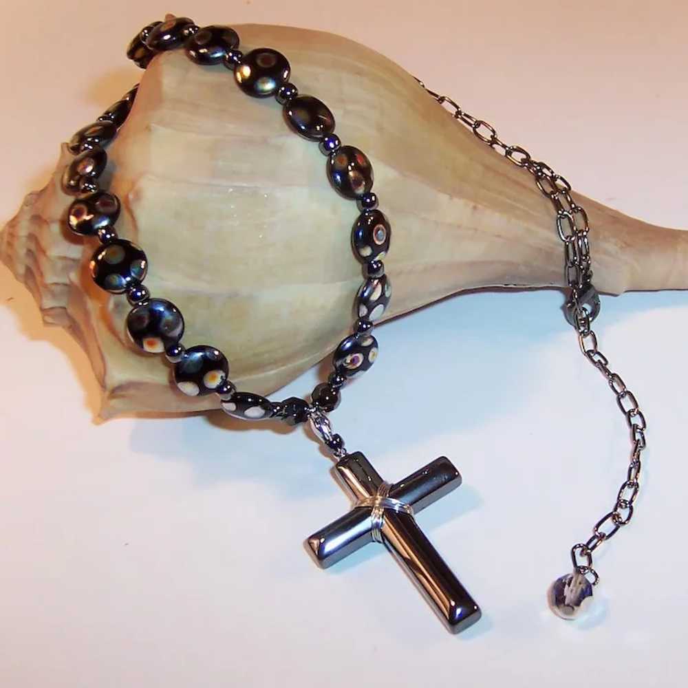 Hematite Cross and Czech Glass Unfailing Love Nec… - image 2