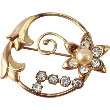 Amco Faux Pearl & Rhinestone Gold Filled Pin - image 1