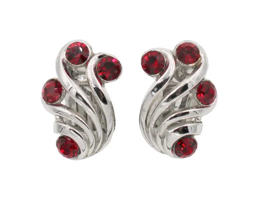 Earrings Signed Crown Trifari Red Rhinestones - image 2