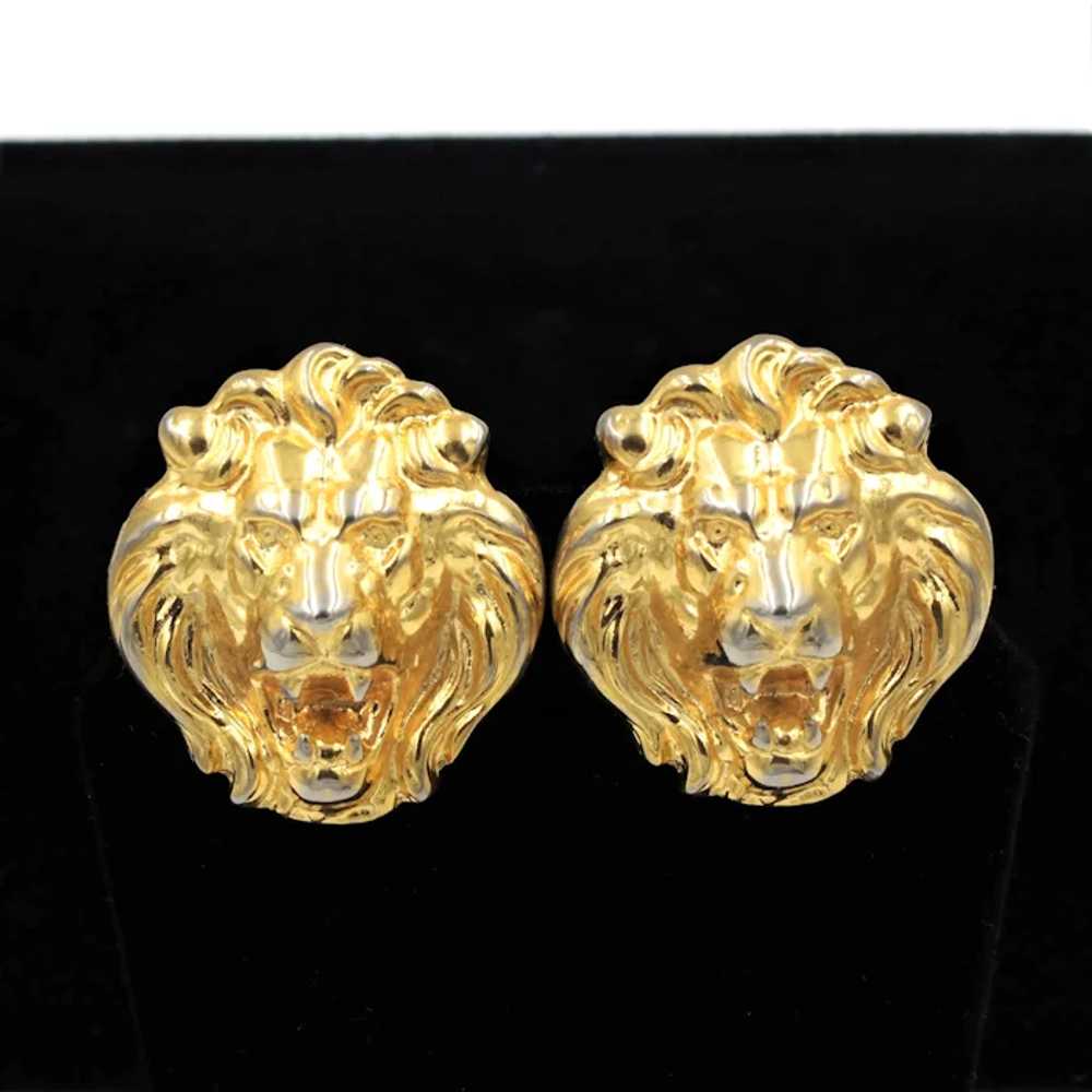 Earrings Lions Roaring Head Figural Gold Plated P… - image 2