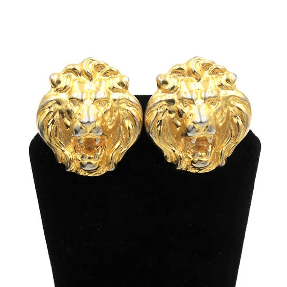 Earrings Lions Roaring Head Figural Gold Plated P… - image 4