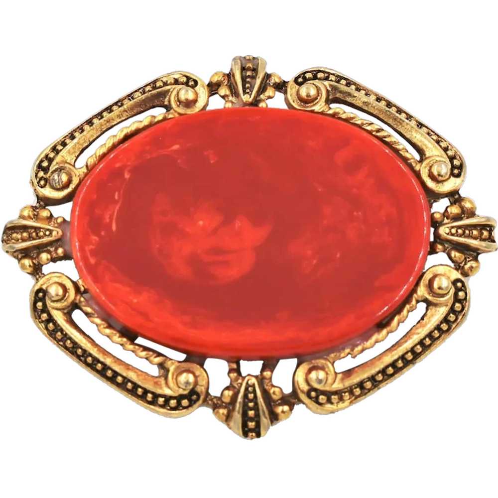 Brooch Pin Bakelite End of Day Red Orange - image 1