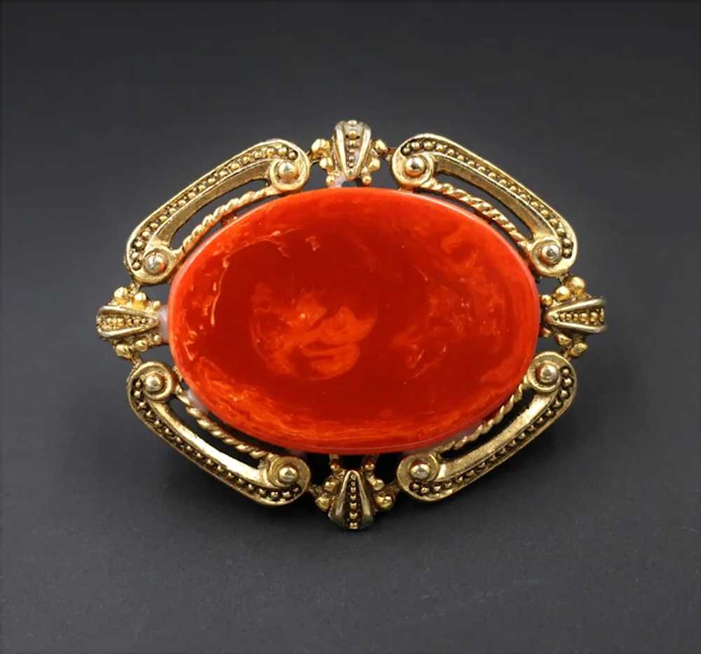 Brooch Pin Bakelite End of Day Red Orange - image 2