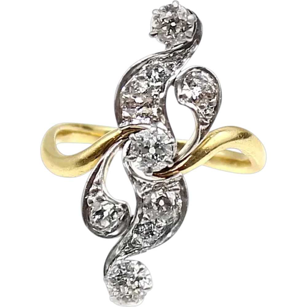 Belle-Époque Diamond Platinum on Gold Scroll Ring - image 1
