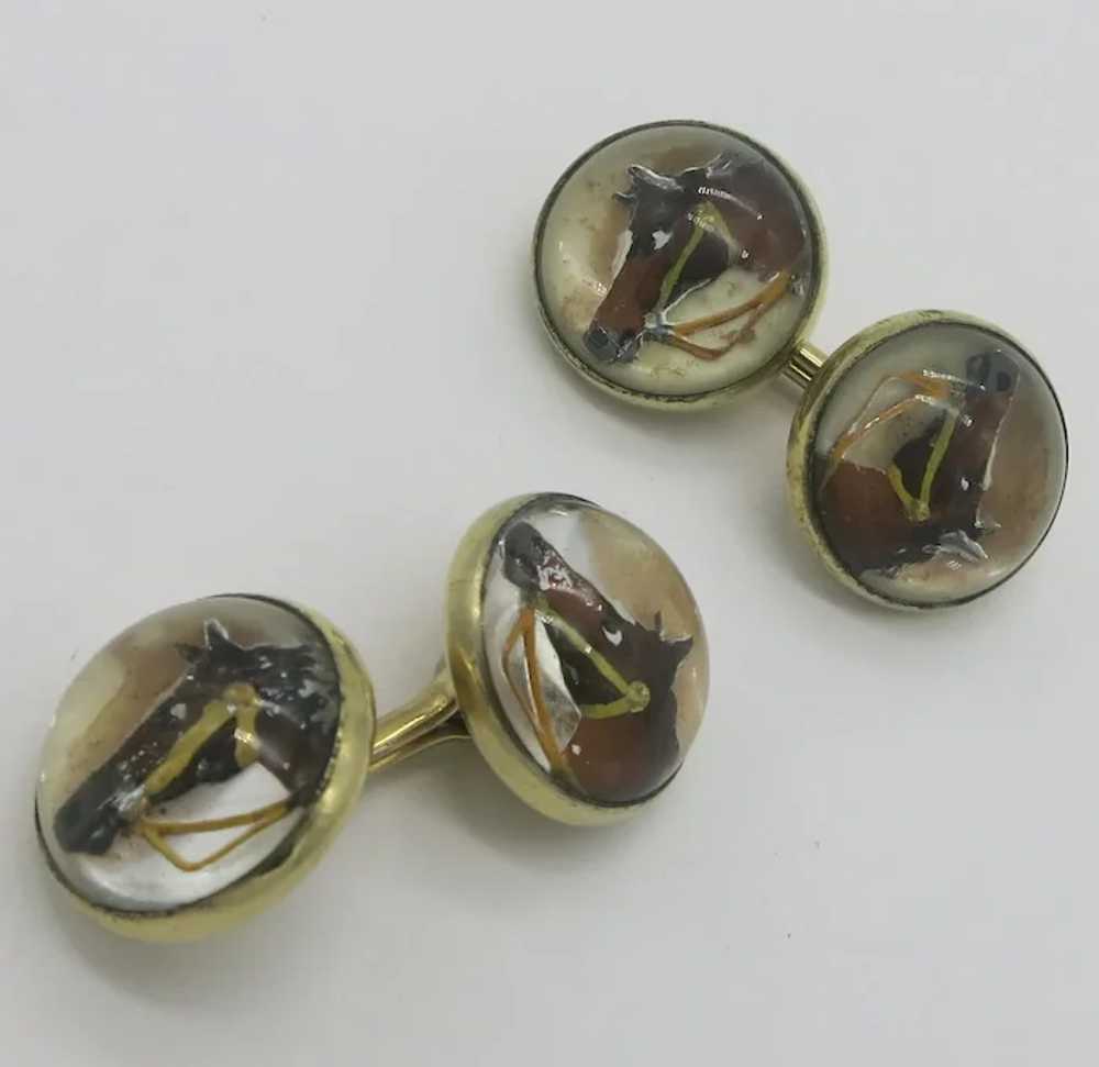 Reverse Carved Crystal Horse Cufflinks Rolled Gold - image 2