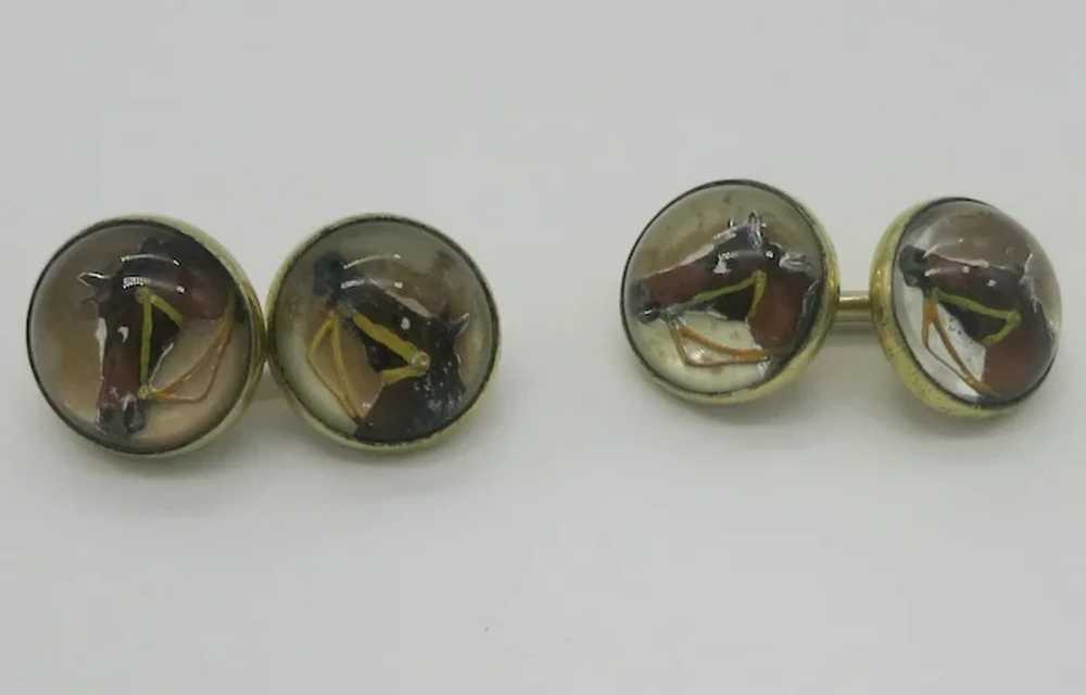 Reverse Carved Crystal Horse Cufflinks Rolled Gold - image 3