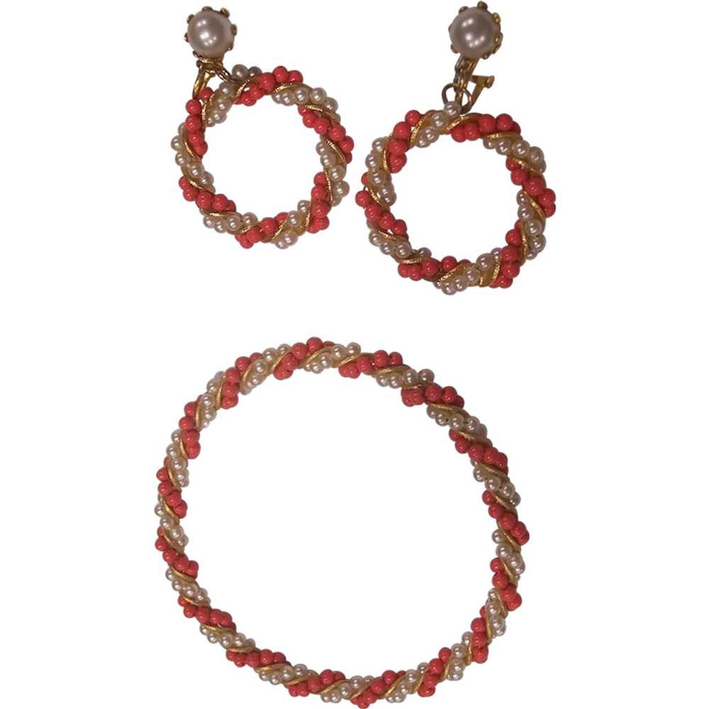 Faux Coral & Pearl Bangle & Dangle Hoop Earrings - image 1