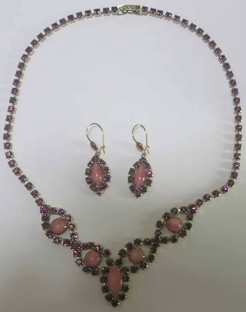 Pretty Purple Rhinestone Pink Glass Necklace & Ea… - image 2