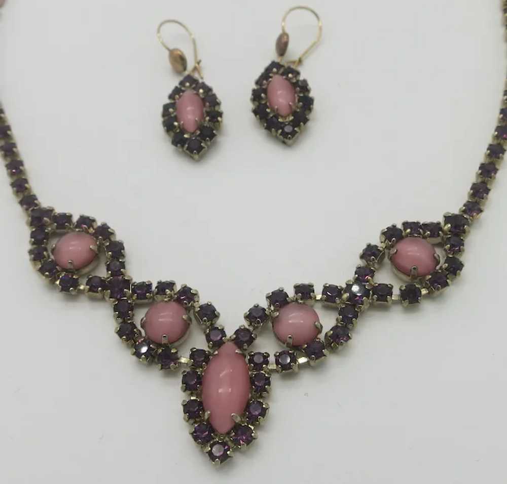 Pretty Purple Rhinestone Pink Glass Necklace & Ea… - image 3