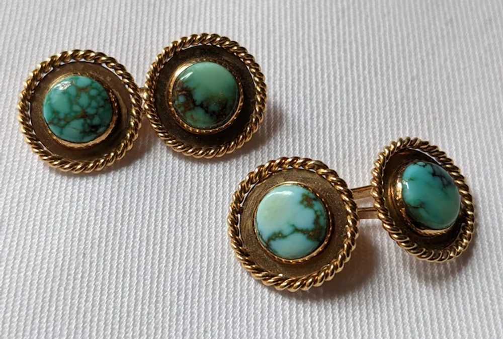 Turquoise and 14kt Yellow Gold Cufflinks - image 3