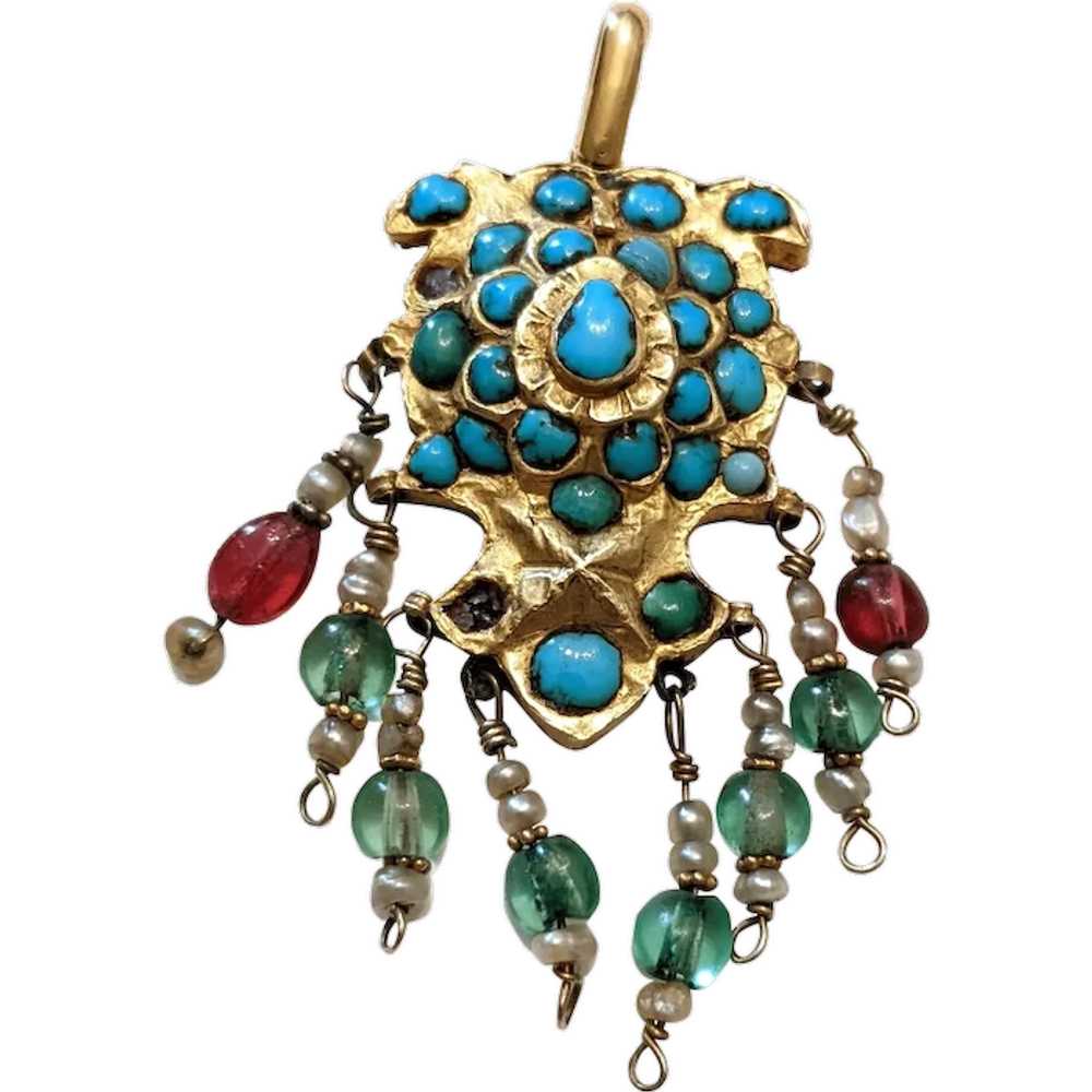 Vintage Indian 10k Gold, Turquoise, Ruby Pendant - image 1