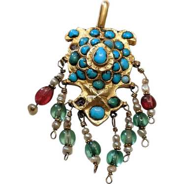 Vintage Indian 10k Gold, Turquoise, Ruby Pendant - image 1