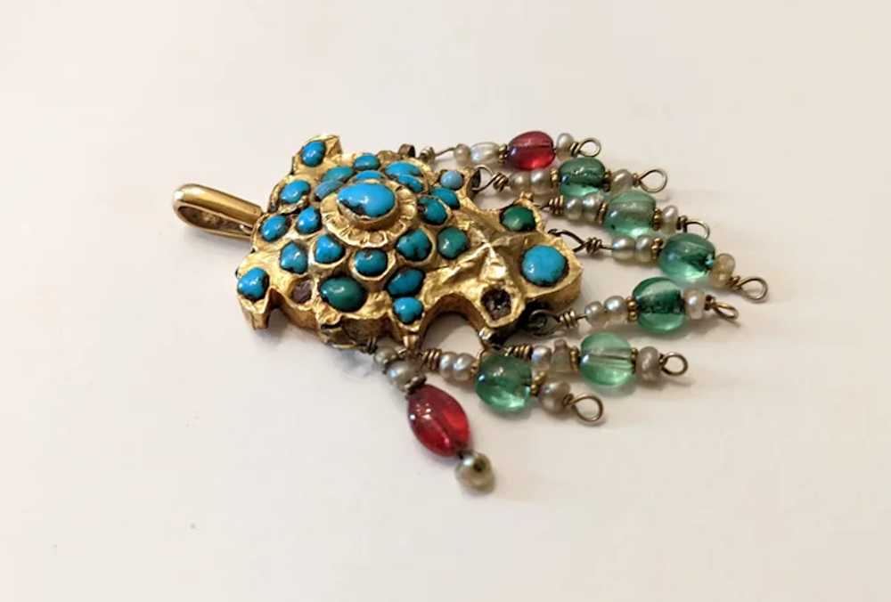 Vintage Indian 10k Gold, Turquoise, Ruby Pendant - image 3