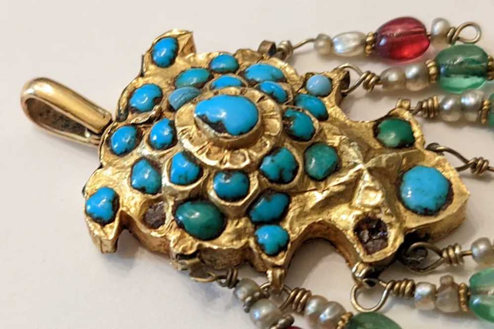 Vintage Indian 10k Gold, Turquoise, Ruby Pendant - image 4