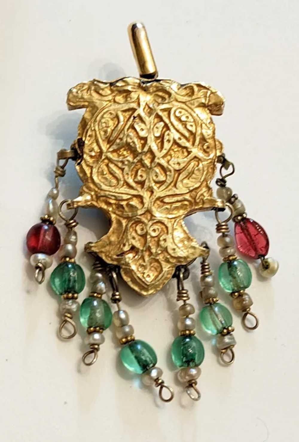 Vintage Indian 10k Gold, Turquoise, Ruby Pendant - image 5
