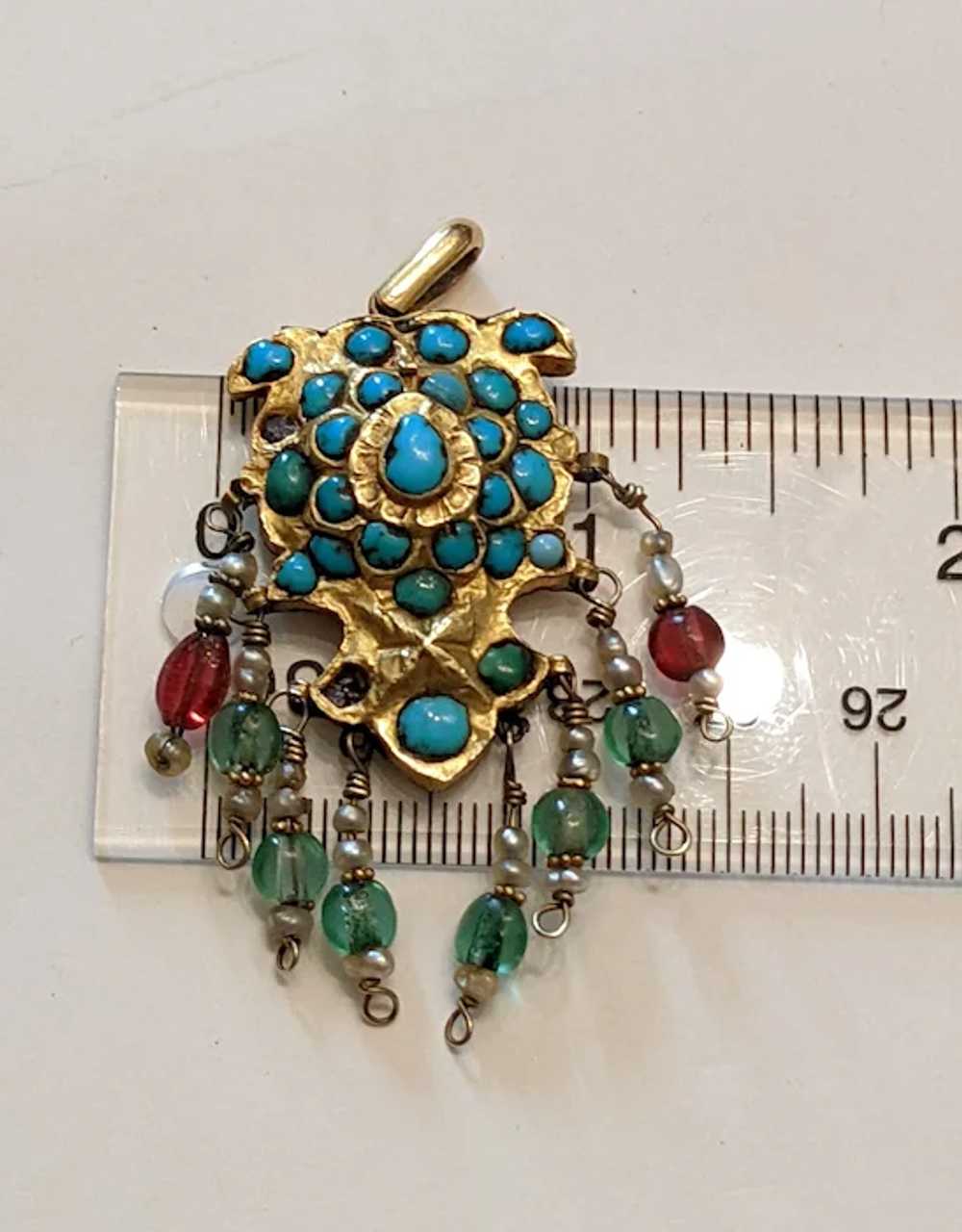 Vintage Indian 10k Gold, Turquoise, Ruby Pendant - image 6