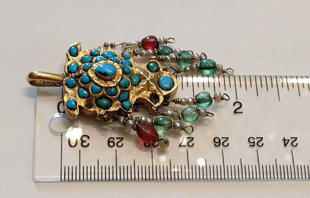 Vintage Indian 10k Gold, Turquoise, Ruby Pendant - image 7