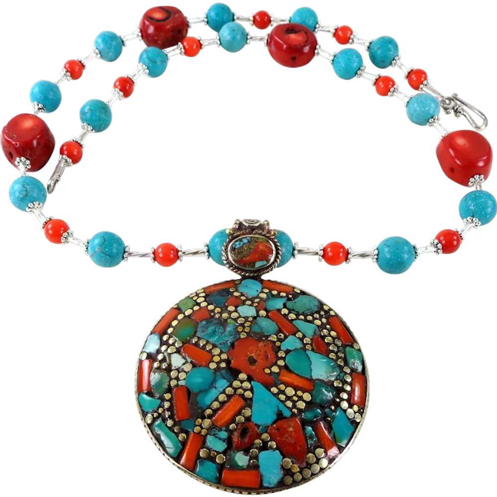 JFTS Turquoise & Red Coral Necklace W/Turquoise a… - image 1
