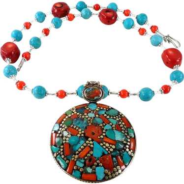 JFTS Turquoise & Red Coral Necklace W/Turquoise a… - image 1
