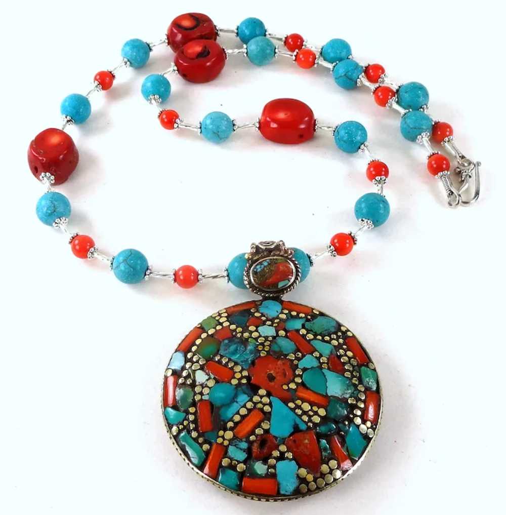 JFTS Turquoise & Red Coral Necklace W/Turquoise a… - image 2