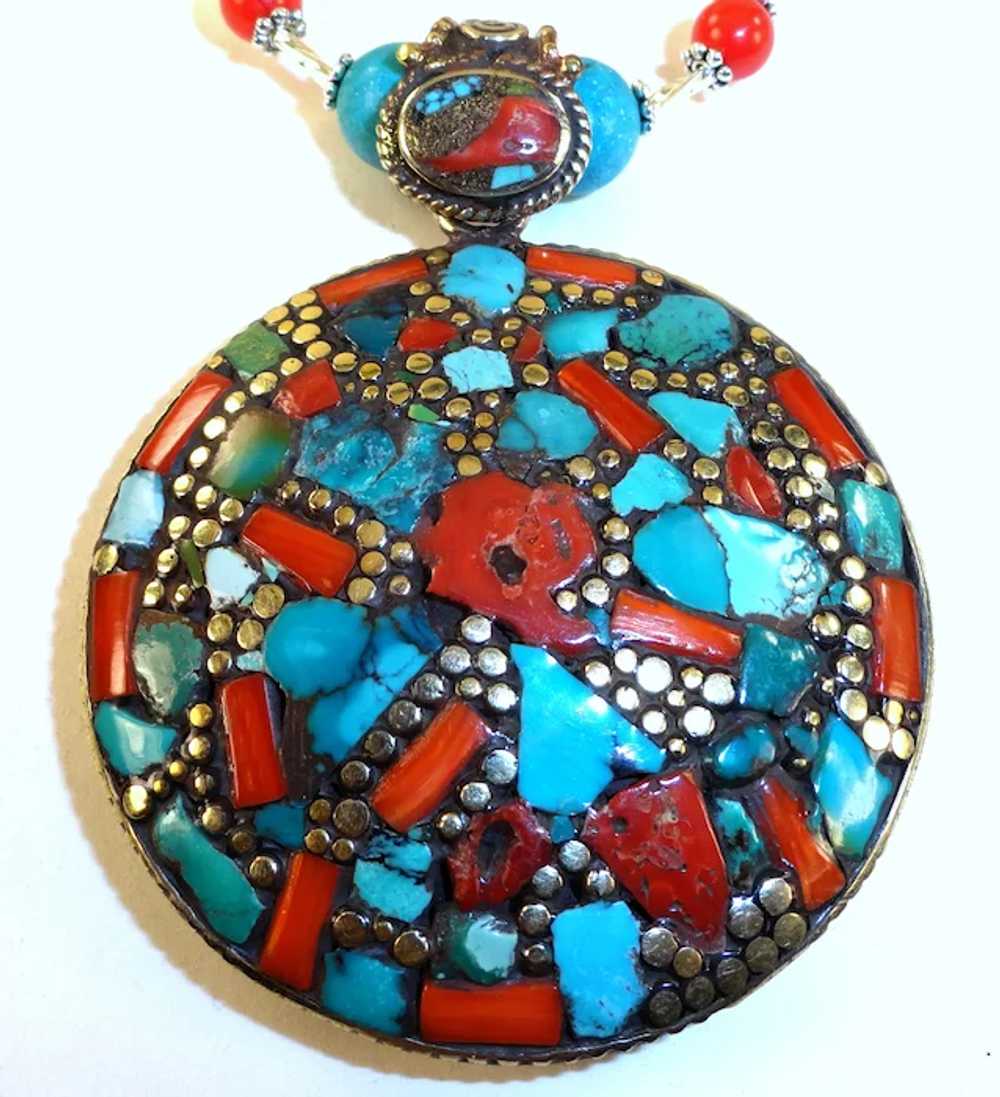 JFTS Turquoise & Red Coral Necklace W/Turquoise a… - image 3