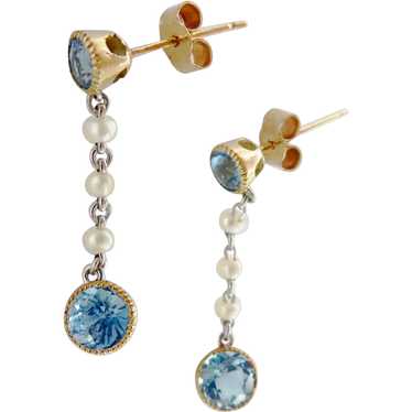 Delicate 9ct 9k Gold Aquamarine Pearl Dangle Earri