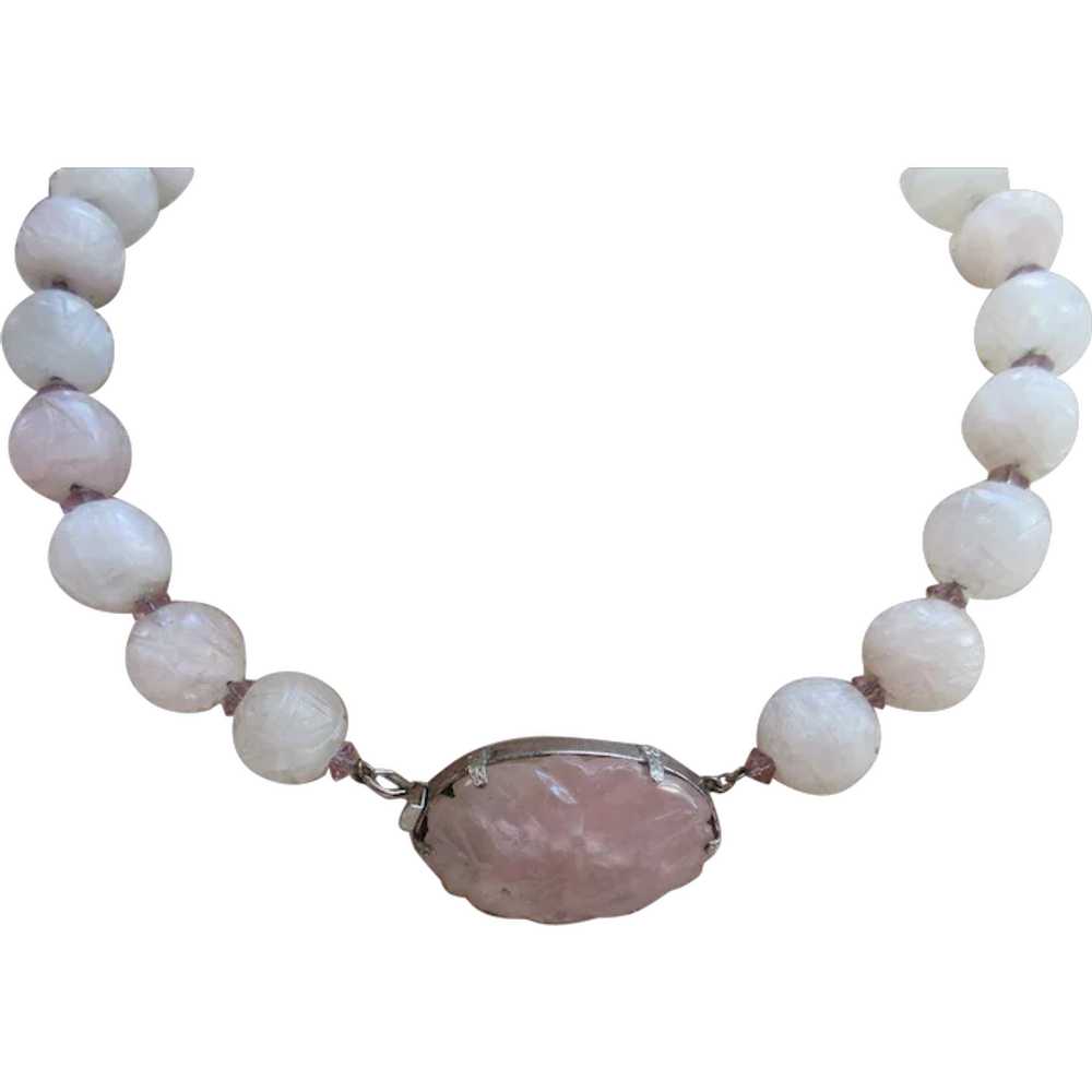 Vintage Deco Carved Rose Quartz Necklace - image 1