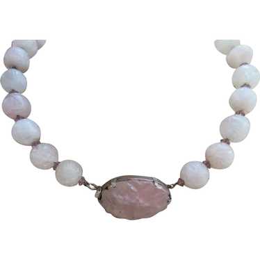 Vintage Deco Carved Rose Quartz Necklace - image 1