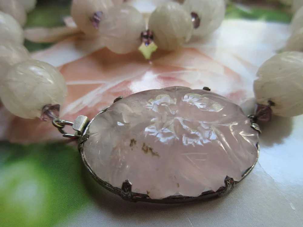 Vintage Deco Carved Rose Quartz Necklace - image 2