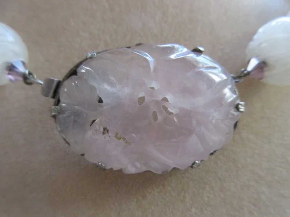 Vintage Deco Carved Rose Quartz Necklace - image 3