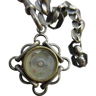 Antique Silver Toned Watch Chain Compass Fob Euro… - image 1