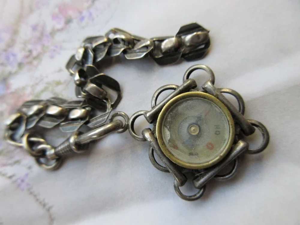 Antique Silver Toned Watch Chain Compass Fob Euro… - image 3
