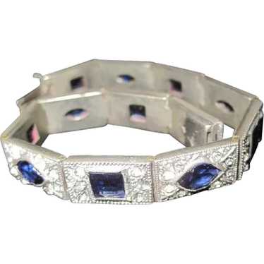 Art Deco Silver w/Blue & Clear Diamantes Bracelet… - image 1