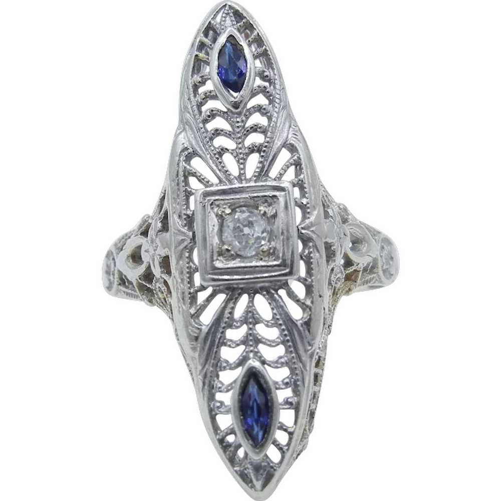 Art Deco 14K White Gold Diamond and Blue Sapphire… - image 1