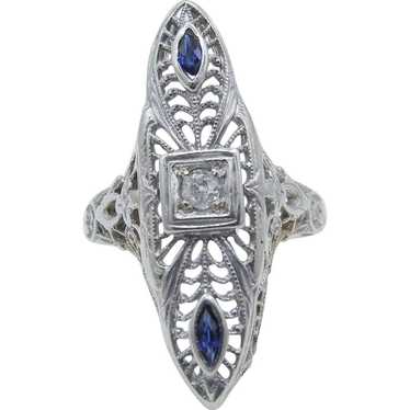 Art Deco 14K White Gold Diamond and Blue Sapphire… - image 1