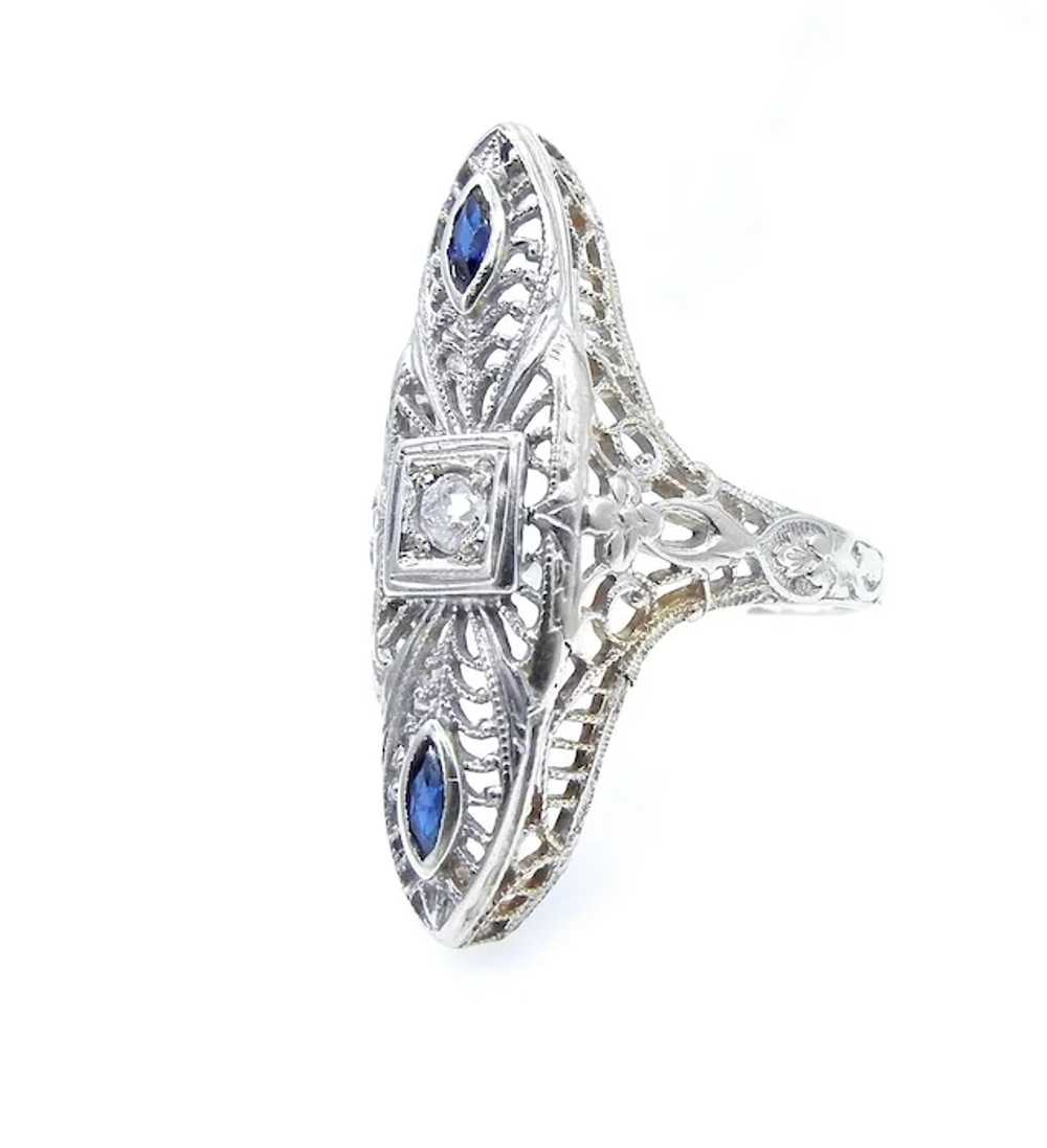 Art Deco 14K White Gold Diamond and Blue Sapphire… - image 3