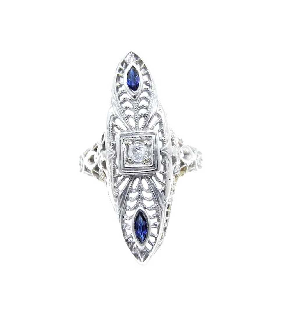 Art Deco 14K White Gold Diamond and Blue Sapphire… - image 5