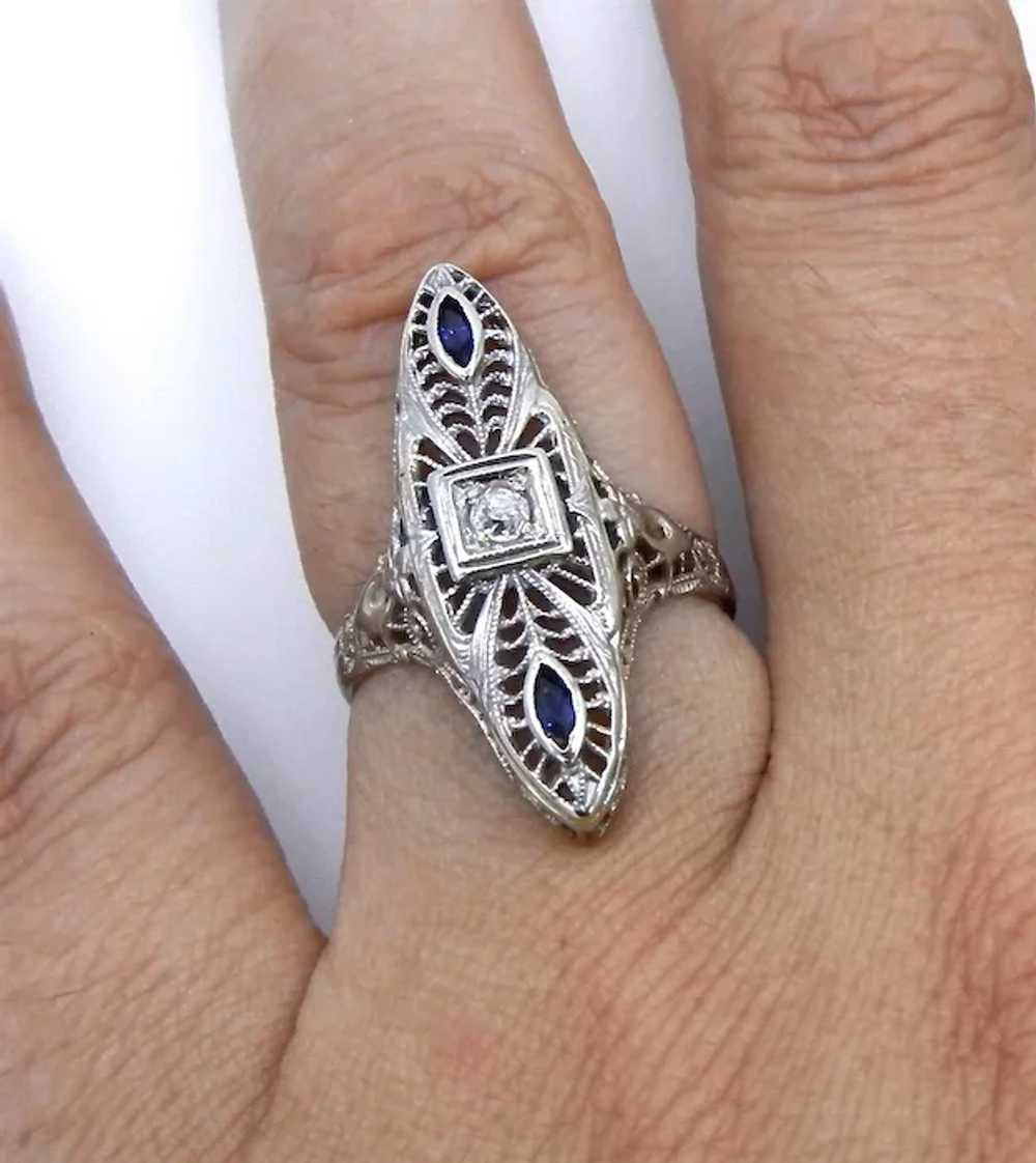 Art Deco 14K White Gold Diamond and Blue Sapphire… - image 7