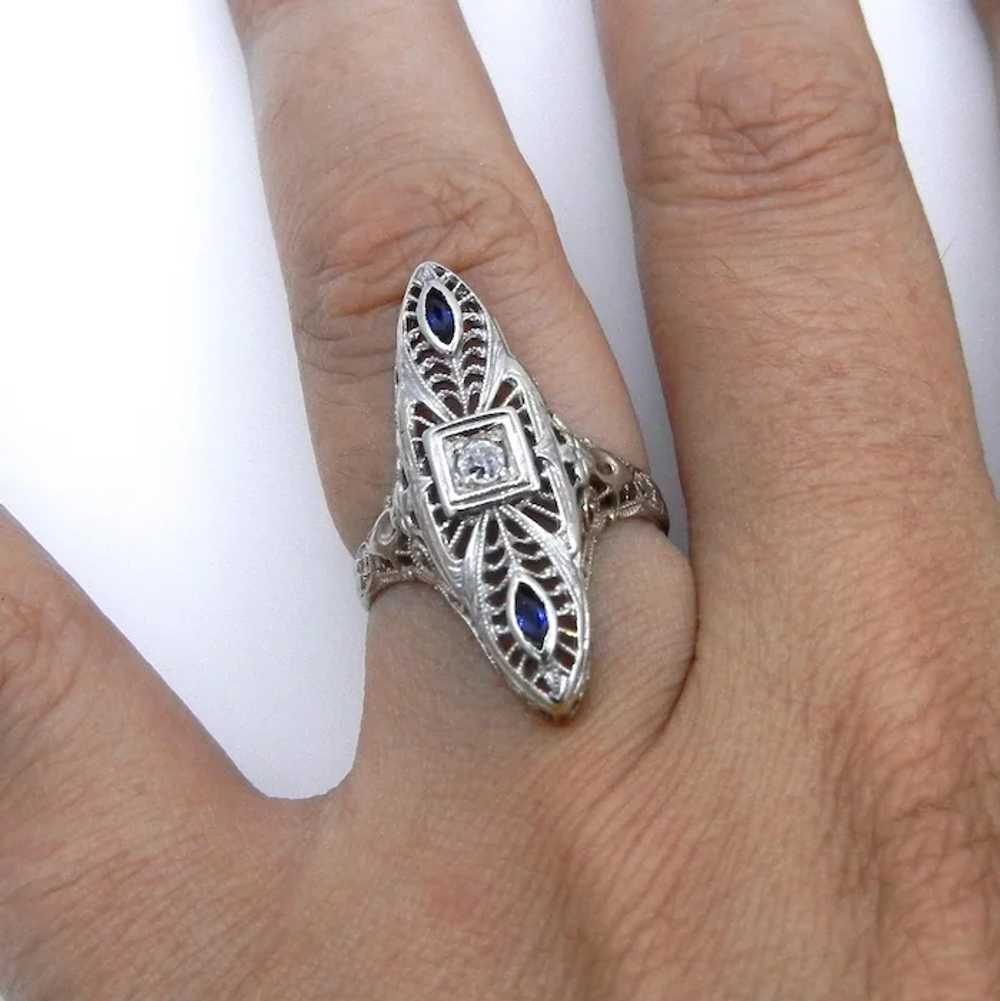 Art Deco 14K White Gold Diamond and Blue Sapphire… - image 8