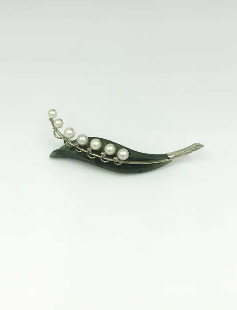 14K White Gold Jade Diamond Pearl Pin White Green… - image 12