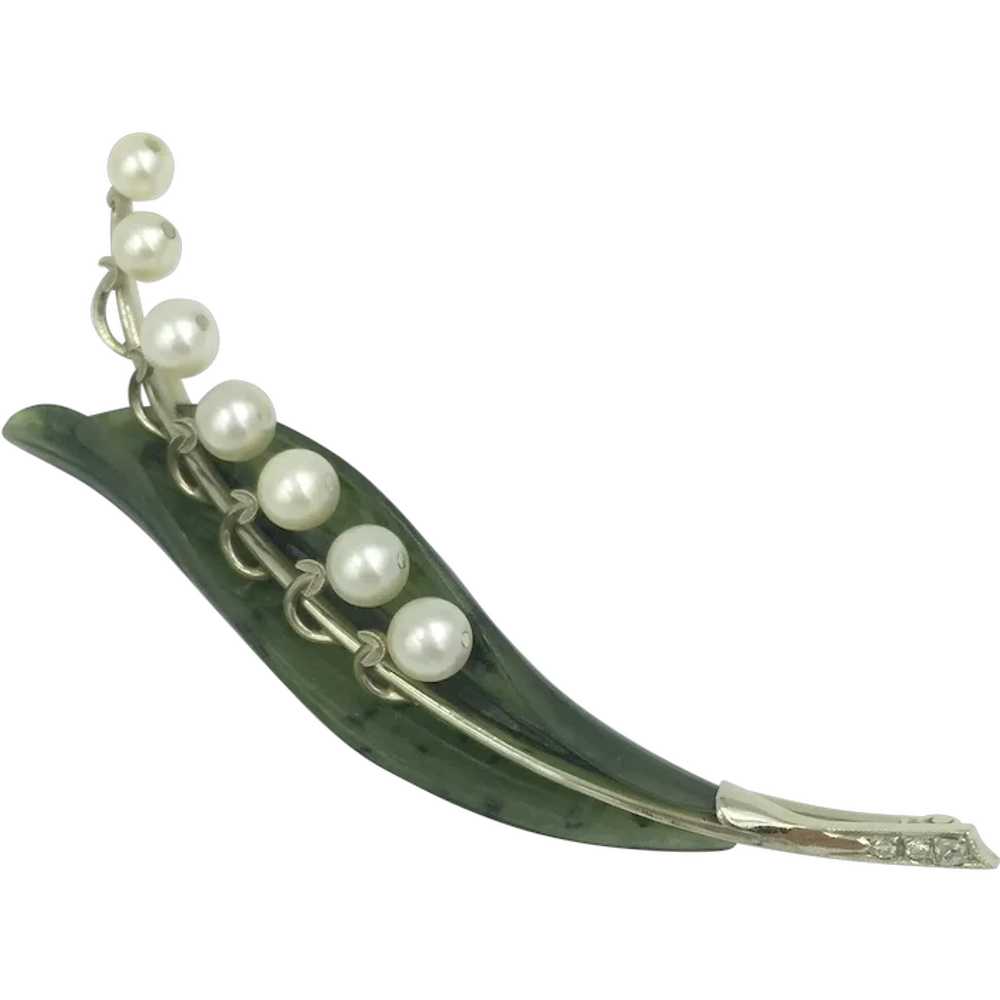 14K White Gold Jade Diamond Pearl Pin White Green… - image 1