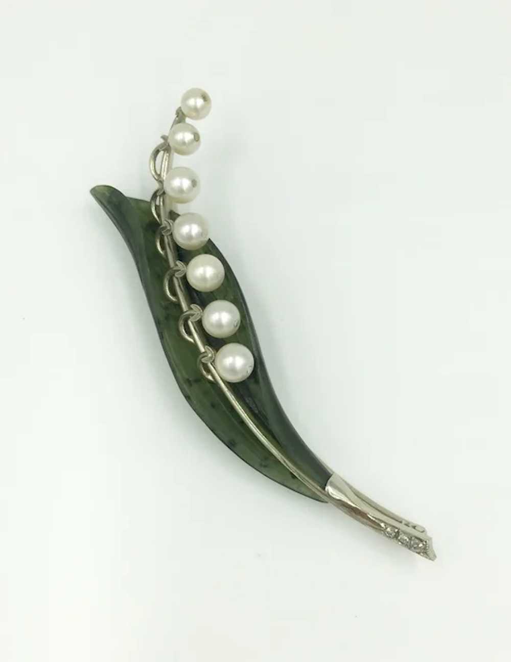 14K White Gold Jade Diamond Pearl Pin White Green… - image 2