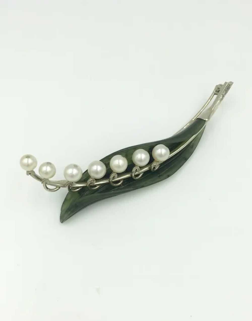 14K White Gold Jade Diamond Pearl Pin White Green… - image 3