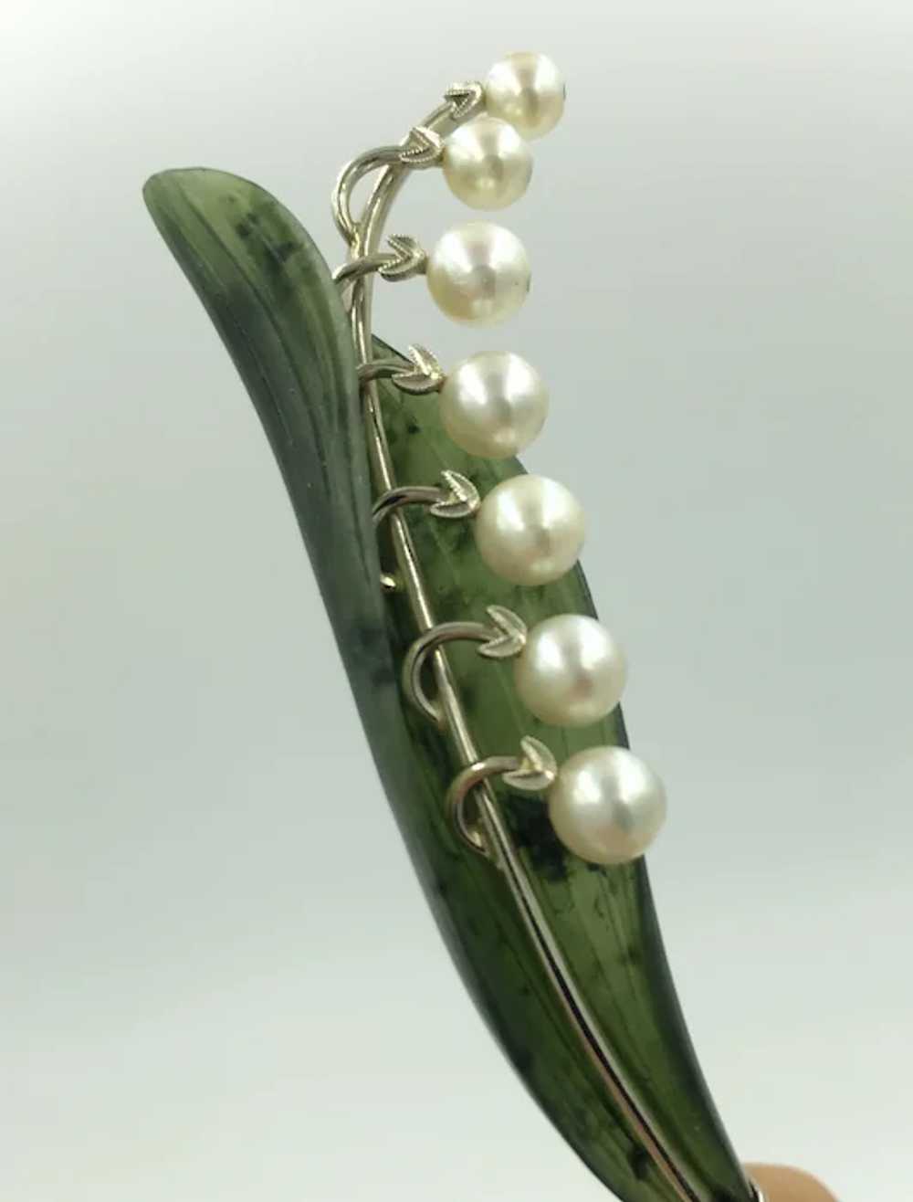 14K White Gold Jade Diamond Pearl Pin White Green… - image 4