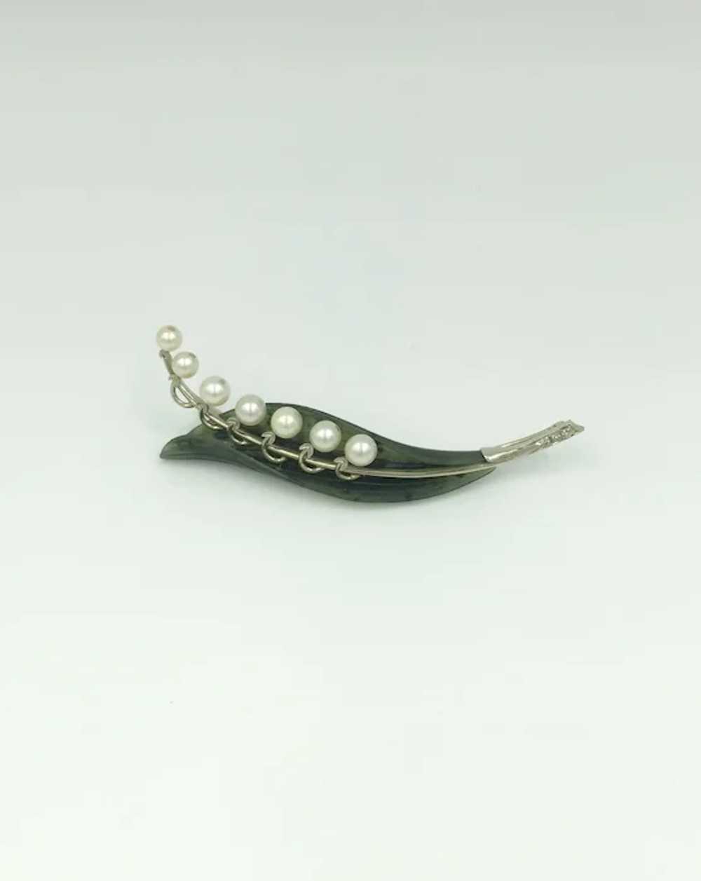 14K White Gold Jade Diamond Pearl Pin White Green… - image 5