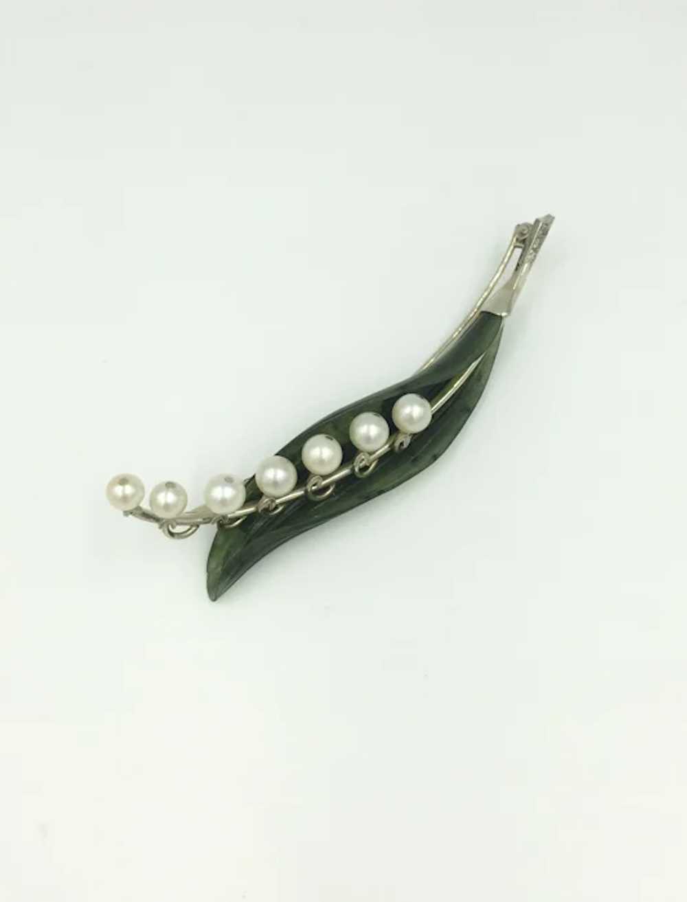 14K White Gold Jade Diamond Pearl Pin White Green… - image 6